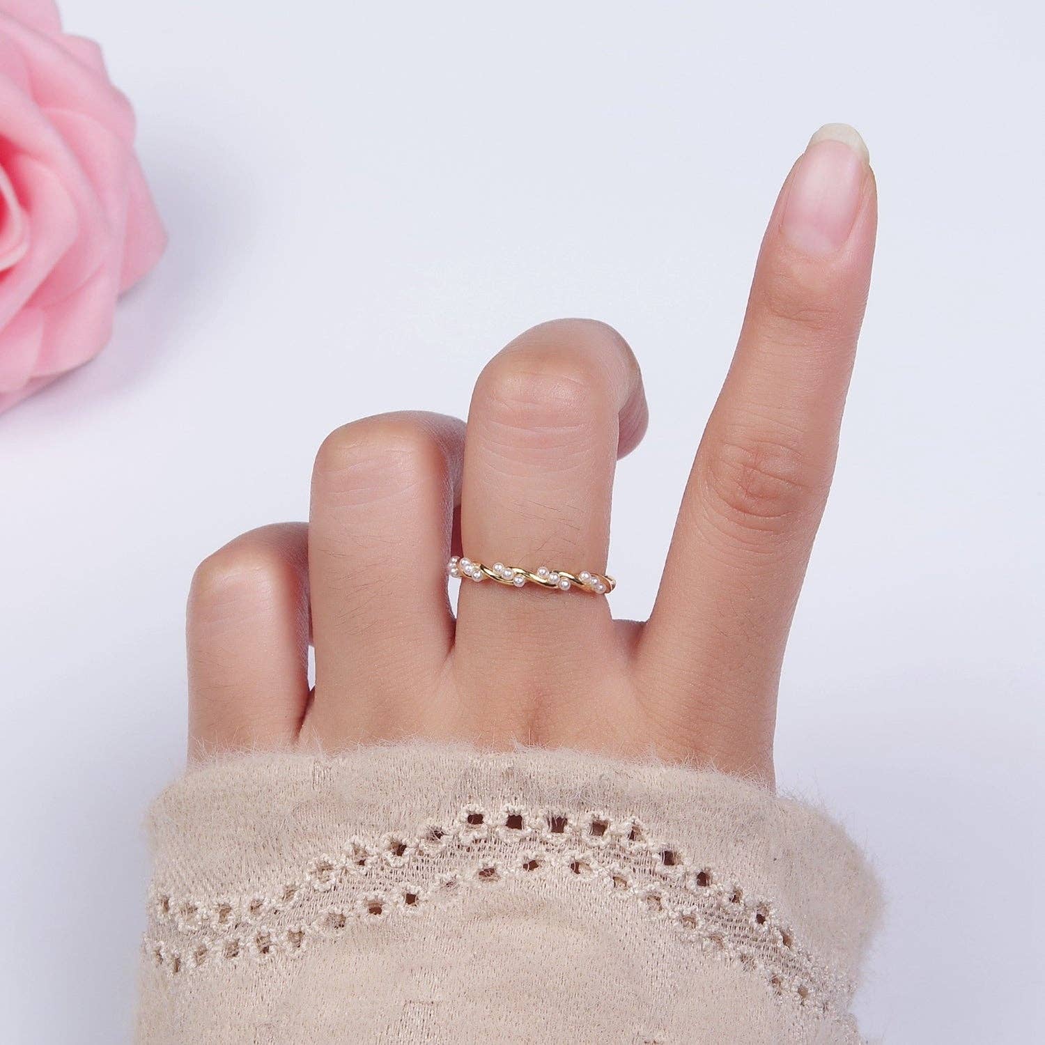 14K Gold Filled Pearl Croissant Twisted Ring