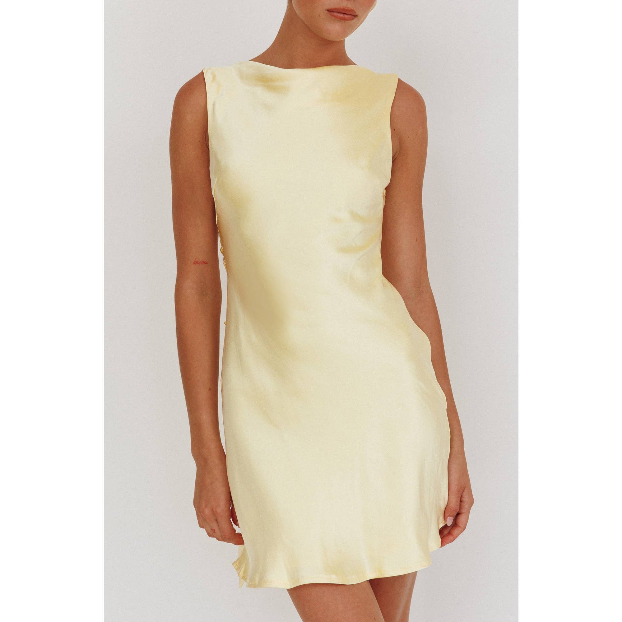 Marilyn | Buttercup Satin Mini Boat Dress