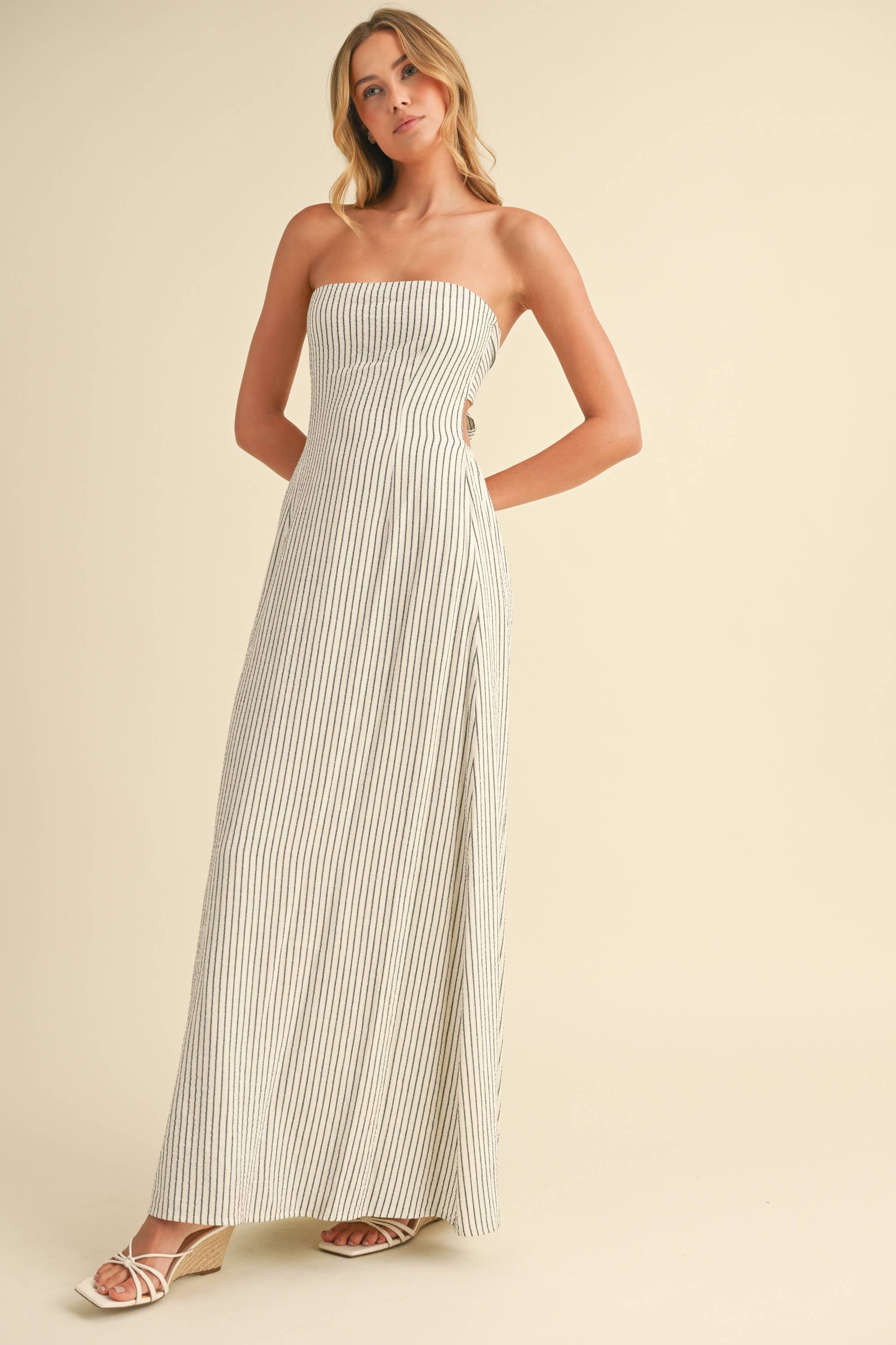 Calallily | Striped Long Back Tie Strapless Maxi