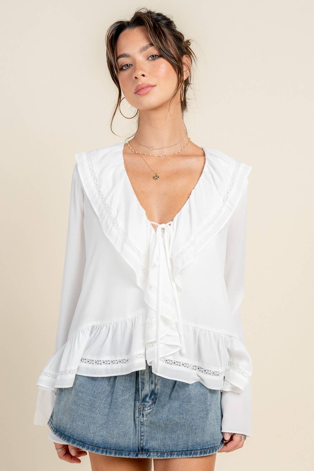 Drift | Trumpet Sleeve Blouse w/ Cascade Ruffle & Lace