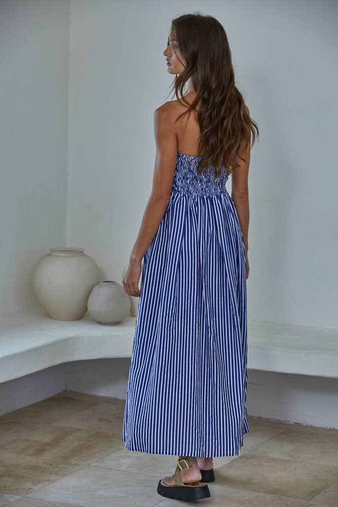 Navy | Striped Tube Neck Strapless Flare Maxi Dress