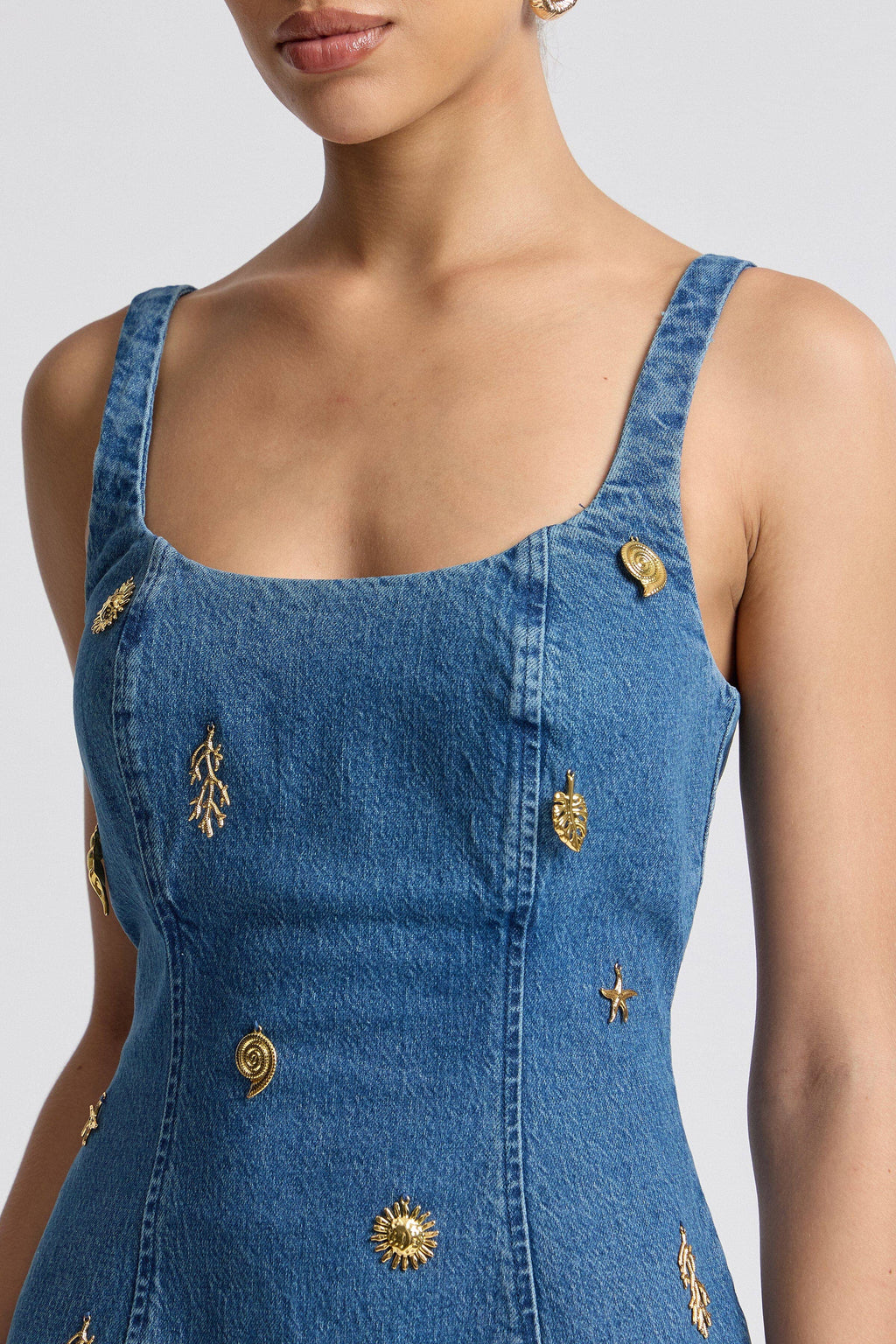 Monarch | Stretch Denim Charm Embellished Mini Dress