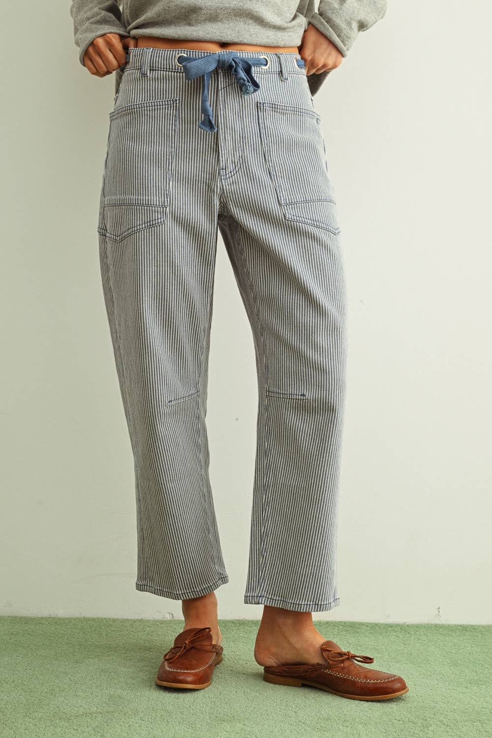 Del Mar | Striped Pattern Washed Barrel Pants with Belt