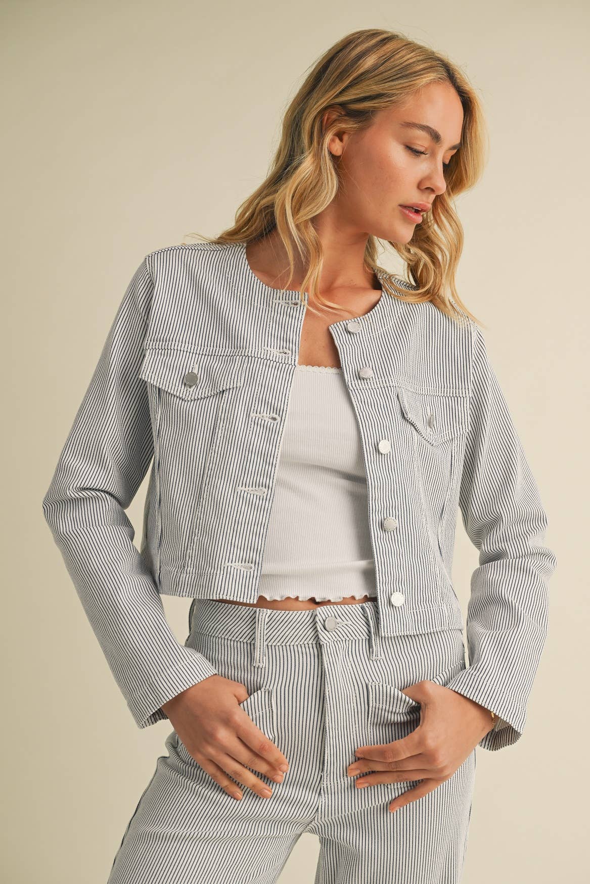 BillieJean | Striped Denim Collarless Jacket