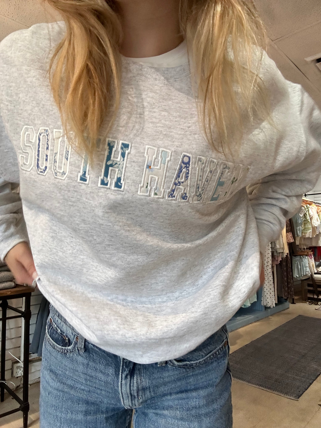 South Haven | Blue Patchwork Crewneck Sweatshirts