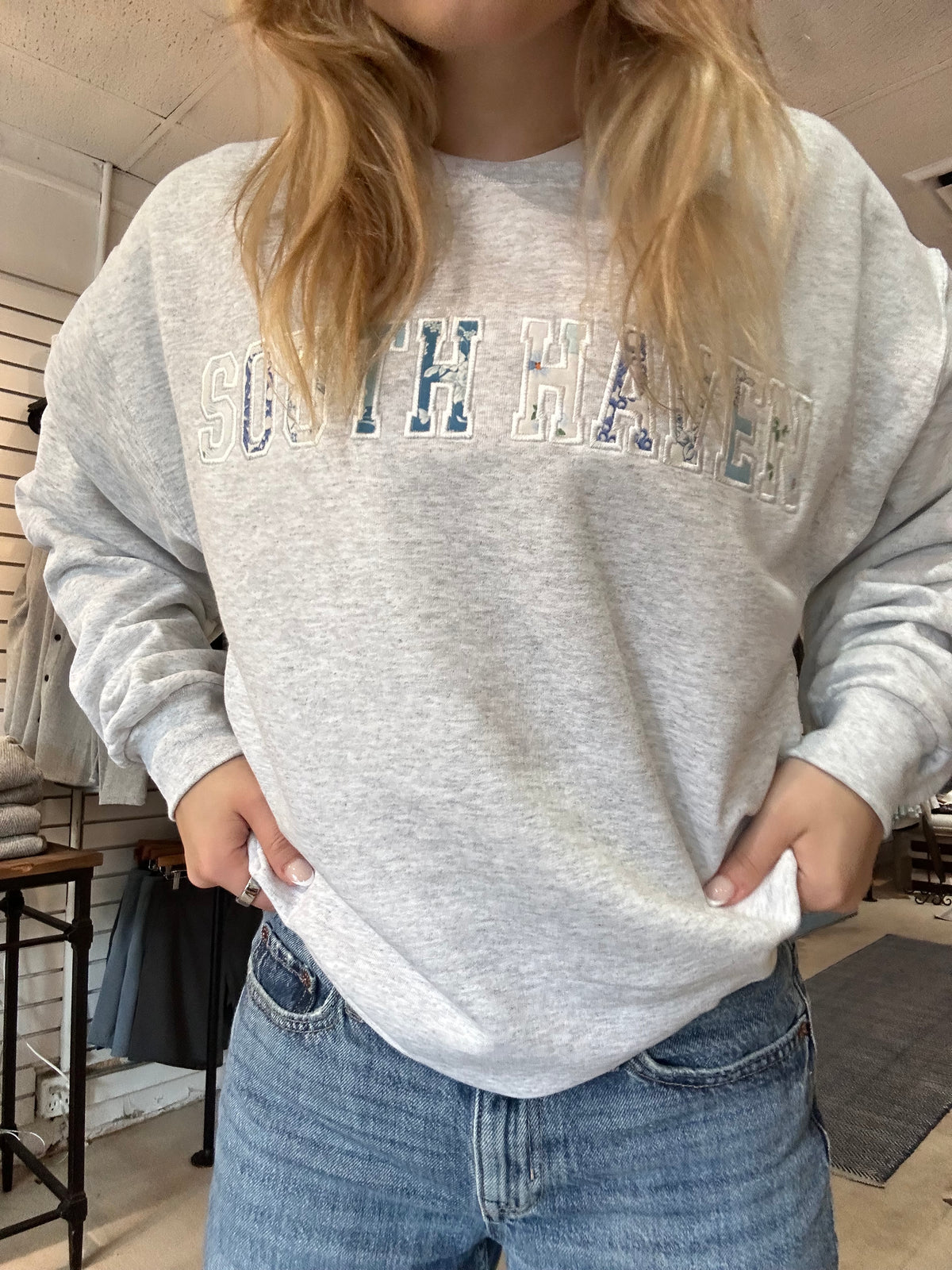 South Haven | Blue Patchwork Crewneck Sweatshirts