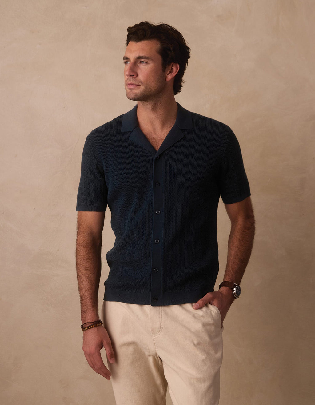 Robles | Textured Knit Camp Button Up in Dark Oasis