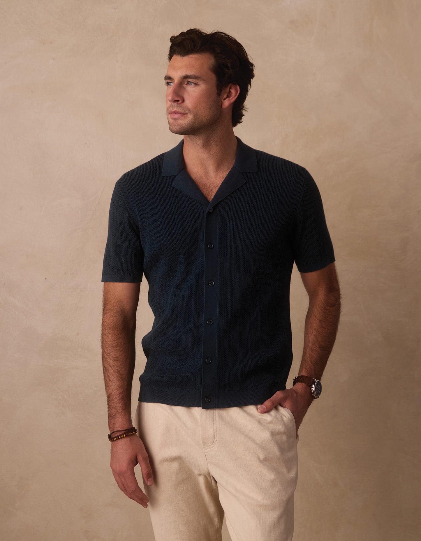 Robles | Textured Knit Camp Button Up in Dark Oasis