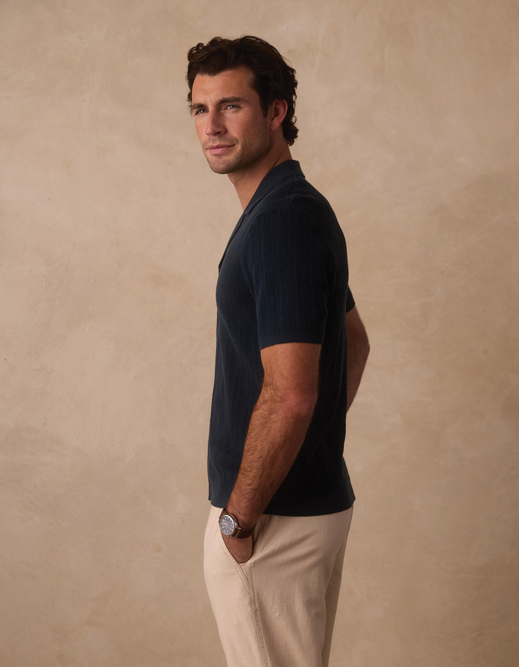 Robles | Textured Knit Camp Button Up in Dark Oasis