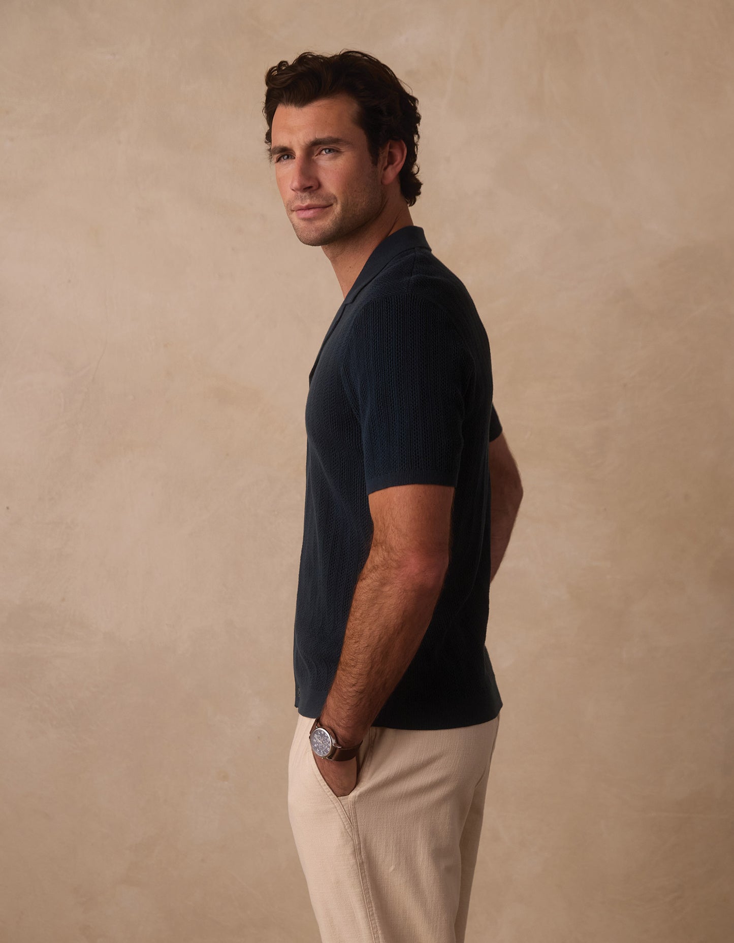 Robles | Textured Knit Camp Button Up in Dark Oasis