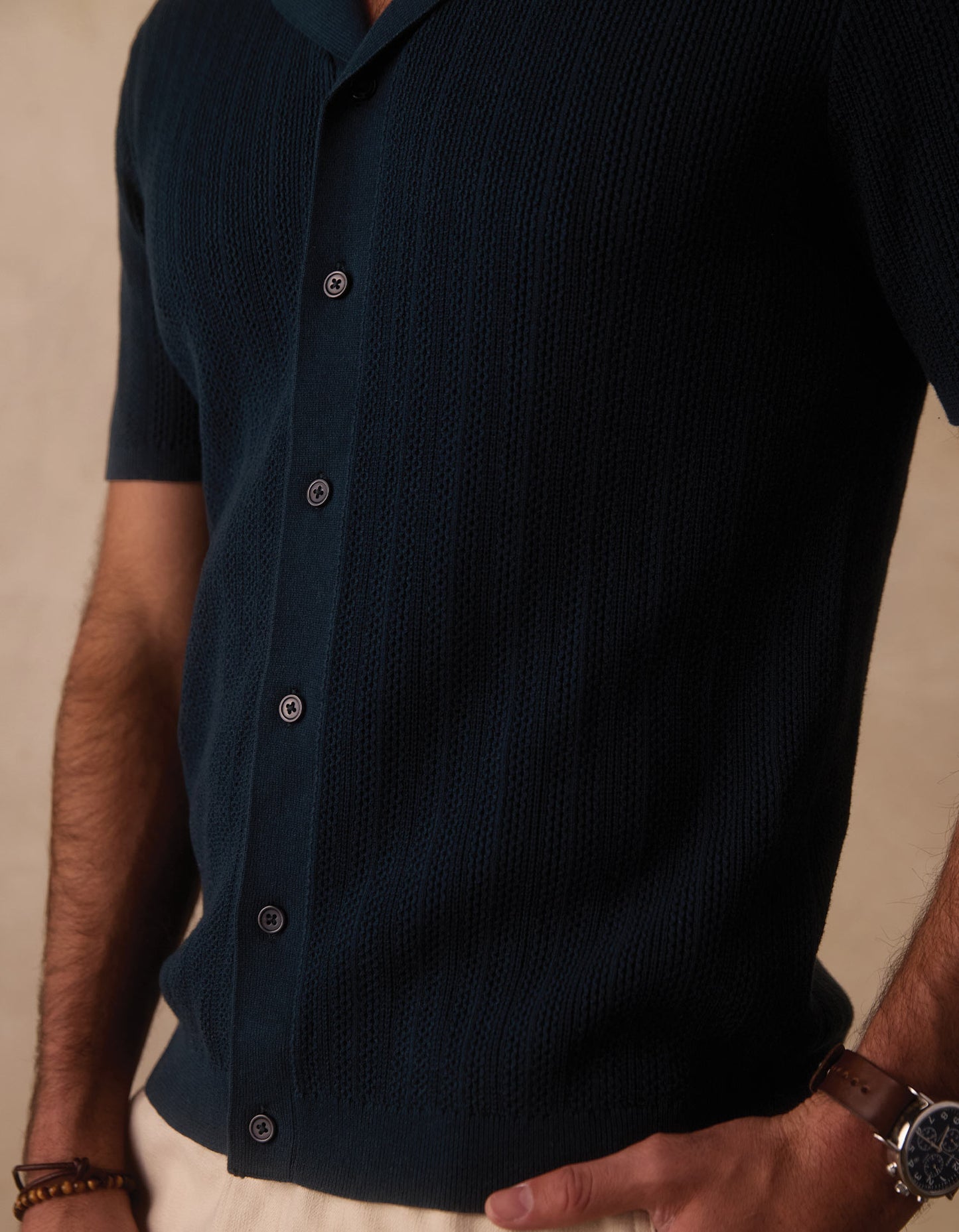 Robles | Textured Knit Camp Button Up in Dark Oasis