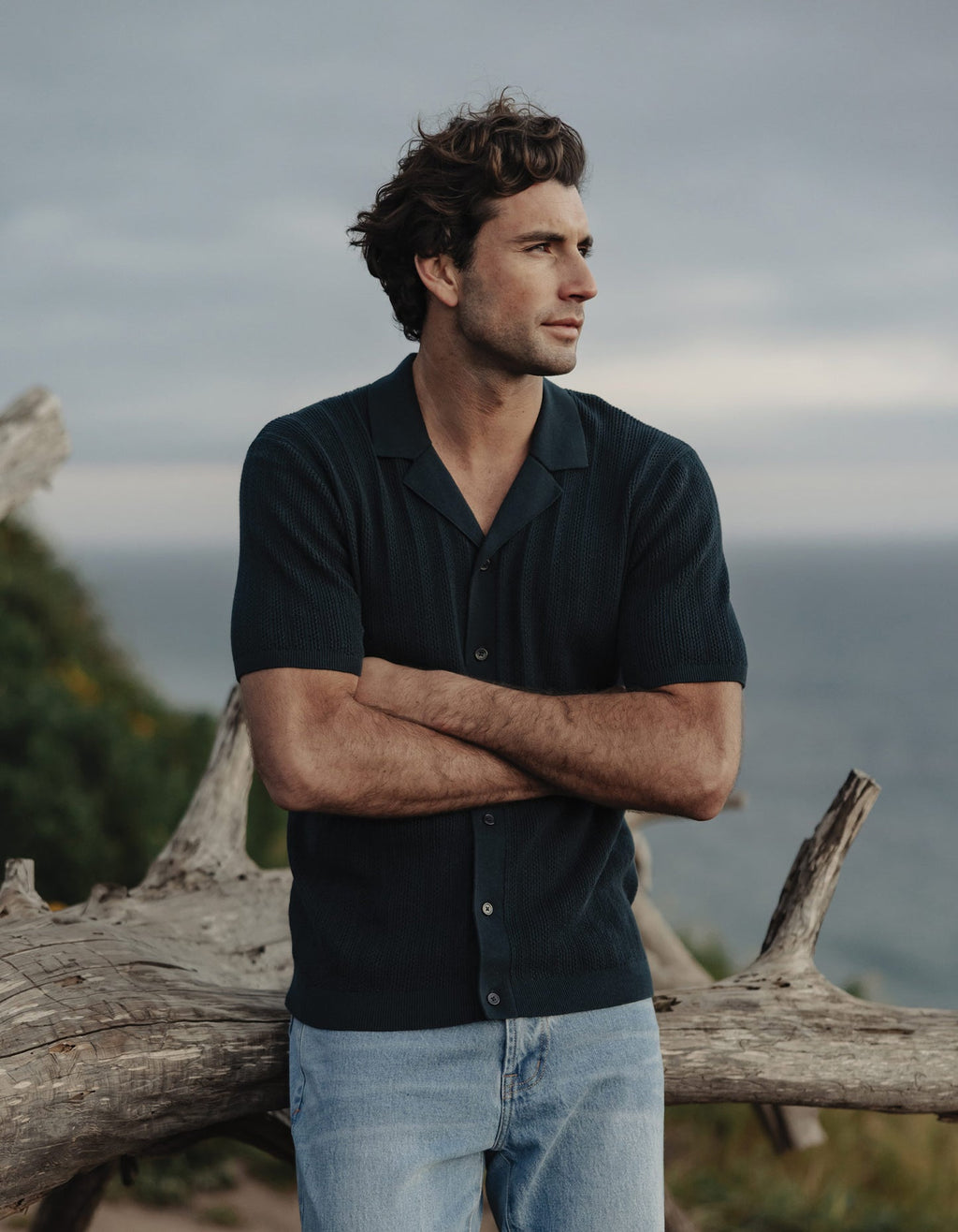 Robles | Textured Knit Camp Button Up in Dark Oasis