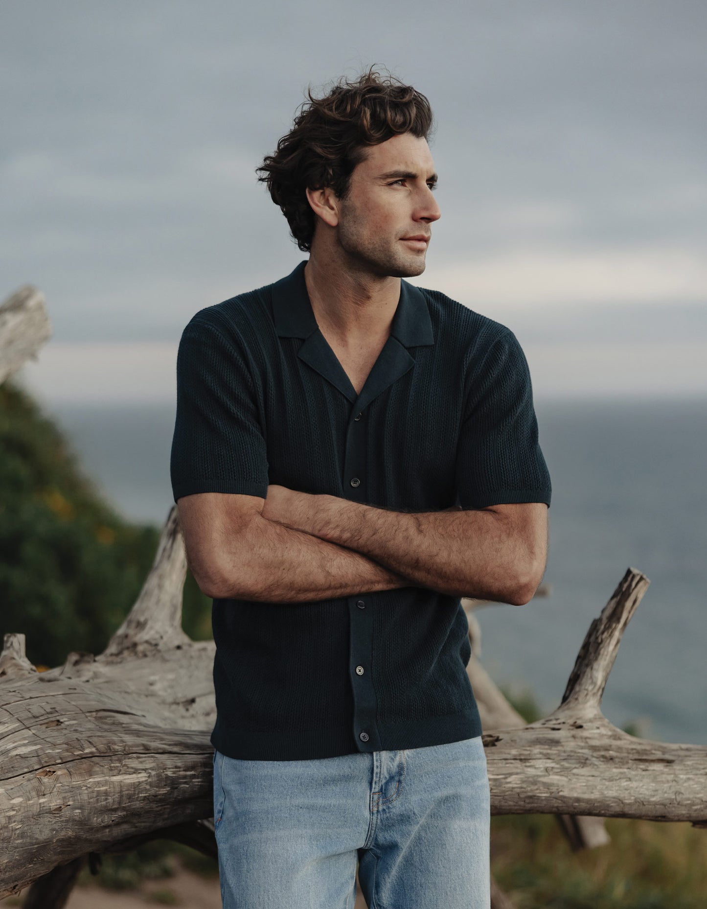 Robles | Textured Knit Camp Button Up in Dark Oasis