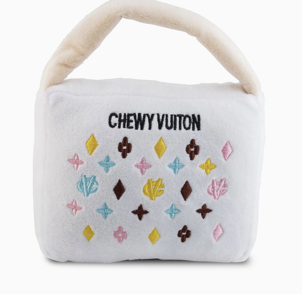 White Chewy Vuiton Purses Squeaker Dog Toy