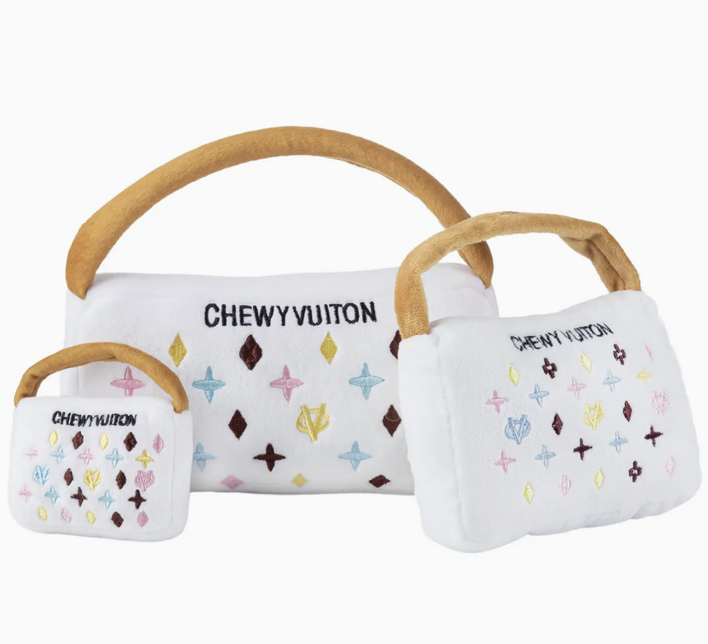 White Chewy Vuiton Purses Squeaker Dog Toy