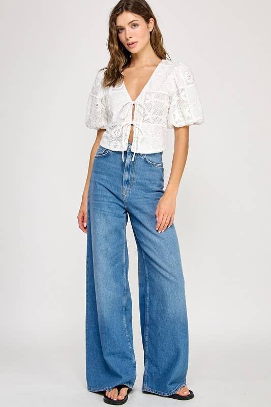 Lovie | 100% Cotton Embroidered Blouse with Tie Front