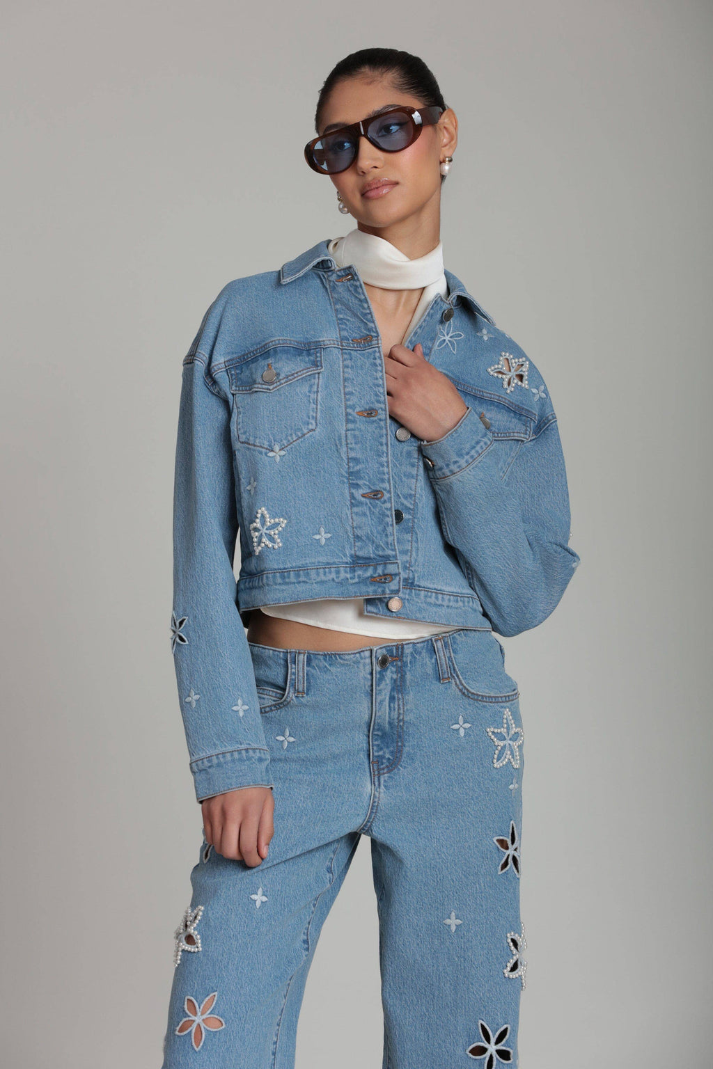 Pearl Fleur | Embellished Stretch Denim Jacket