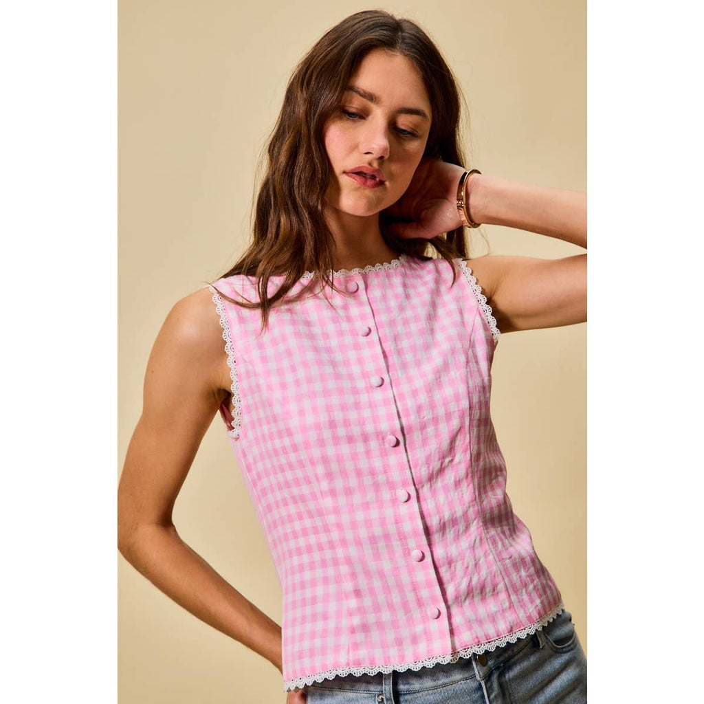 Kensington | Gingham Lace Trim Button Down Top