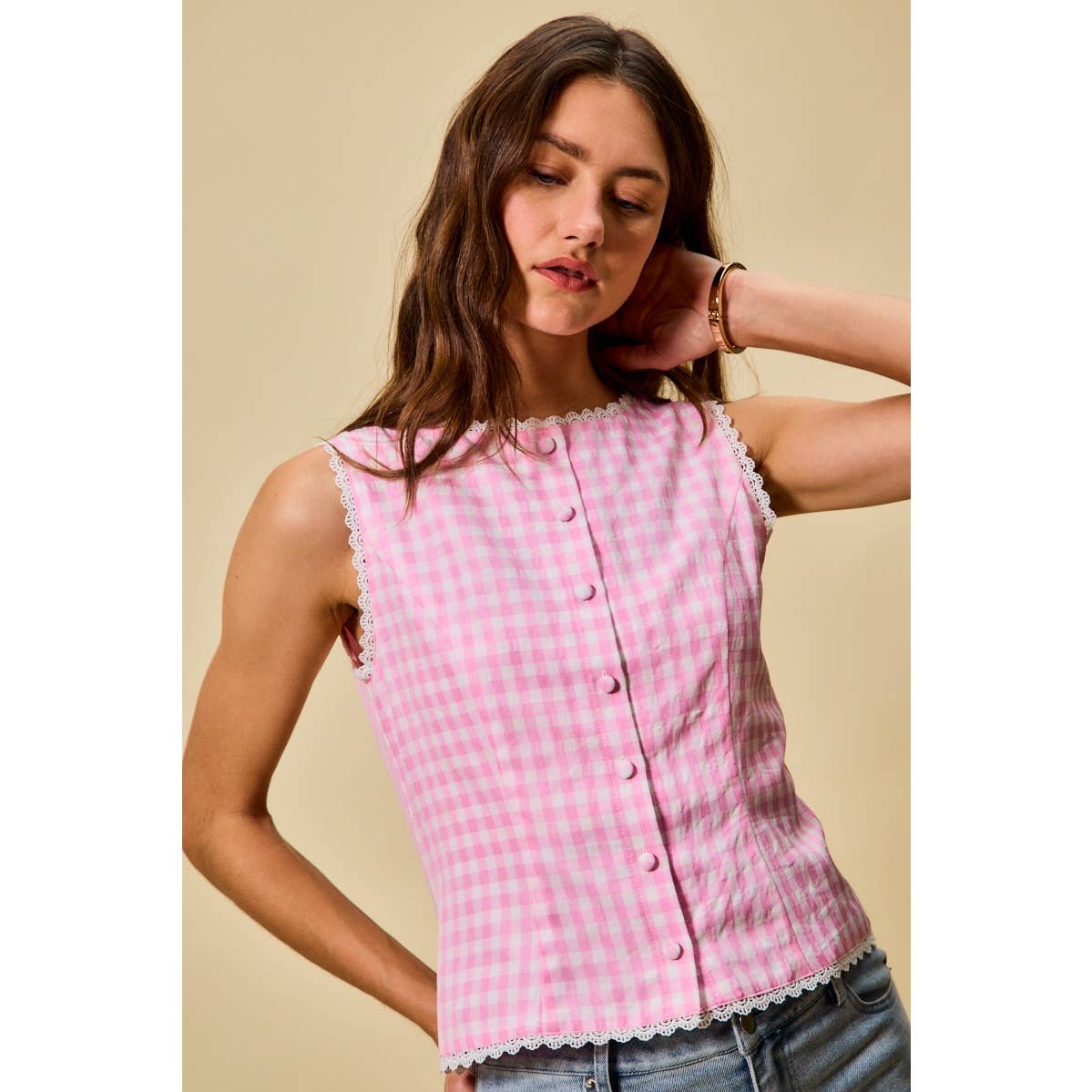 Kensington | Gingham Lace Trim Button Down Top