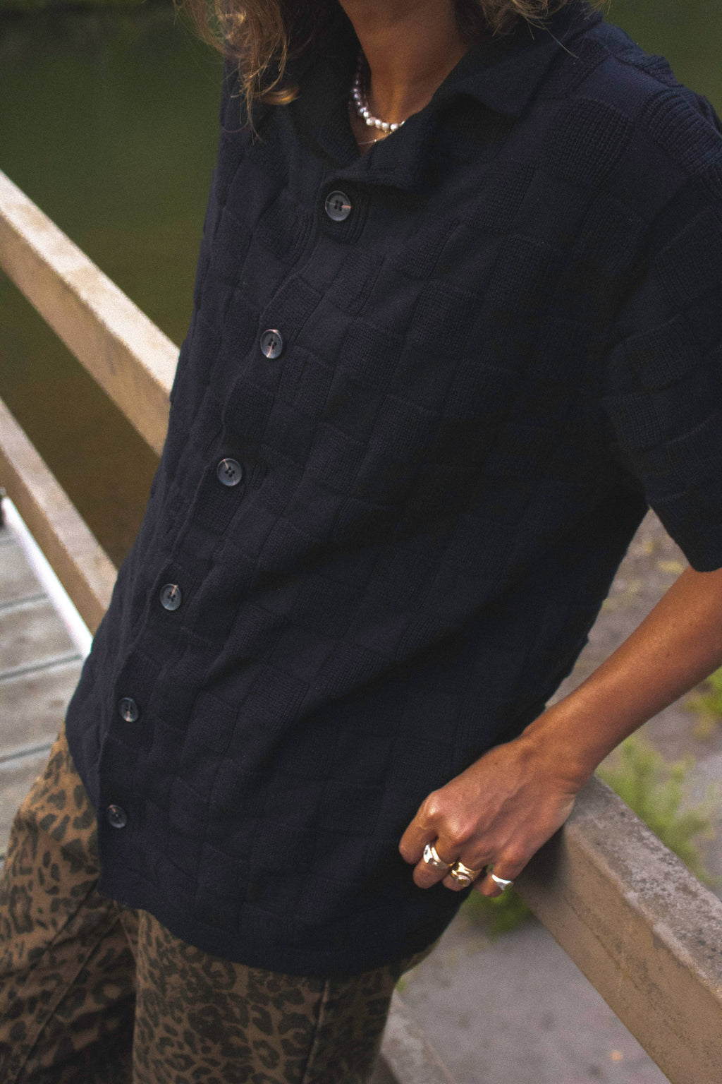 Woven Checkered Knit Camp Shirt 100% Cotton