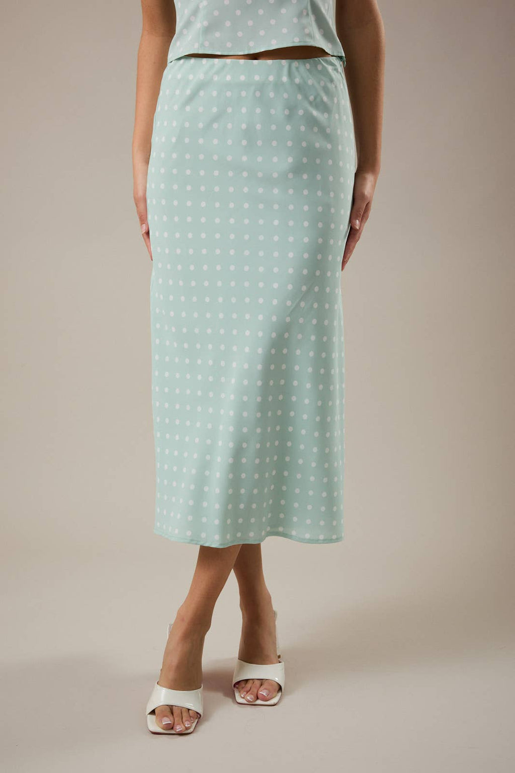 Minty | Attached Scarf Neck Polka Dot Tube Top & Skirt Set