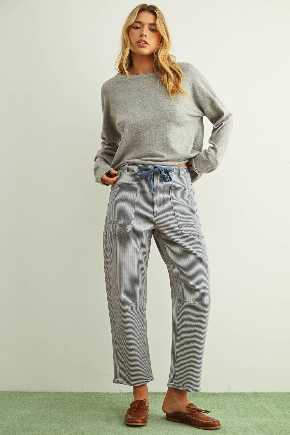 Del Mar | Striped Pattern Washed Barrel Pants with Belt