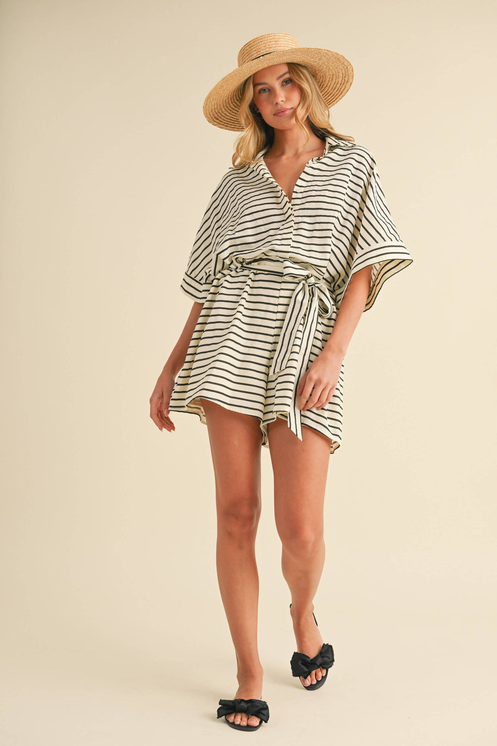 Topanga | Striped Relaxed Fit Belted Short Sleeve Romper