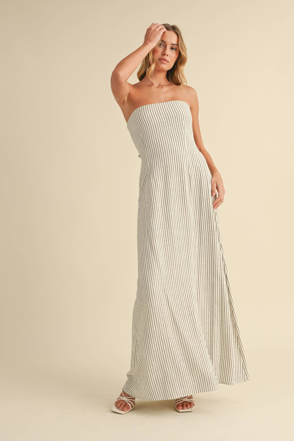 Calallily | Striped Long Back Tie Strapless Maxi