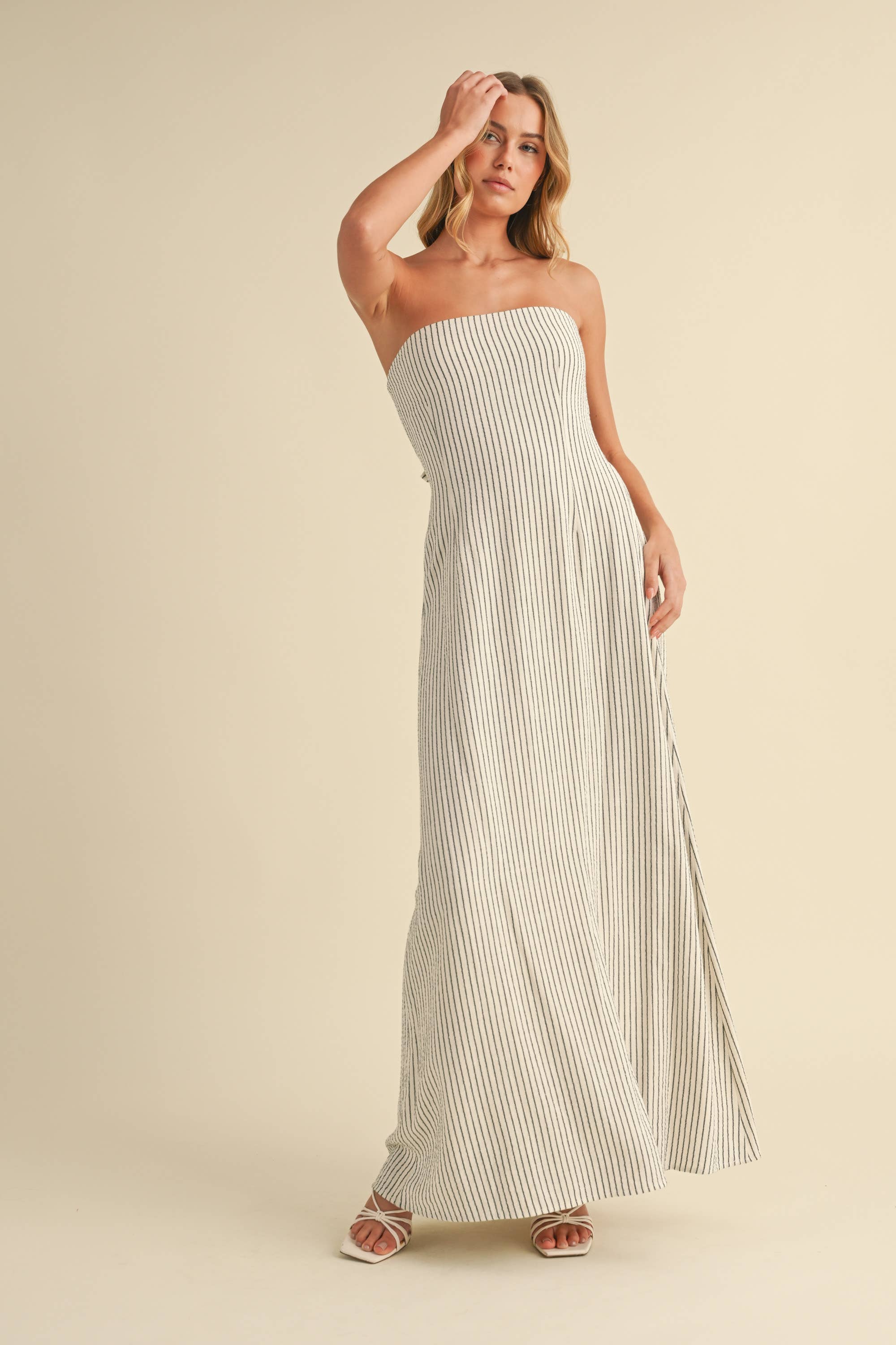 Calallily | Striped Long Back Tie Strapless Maxi