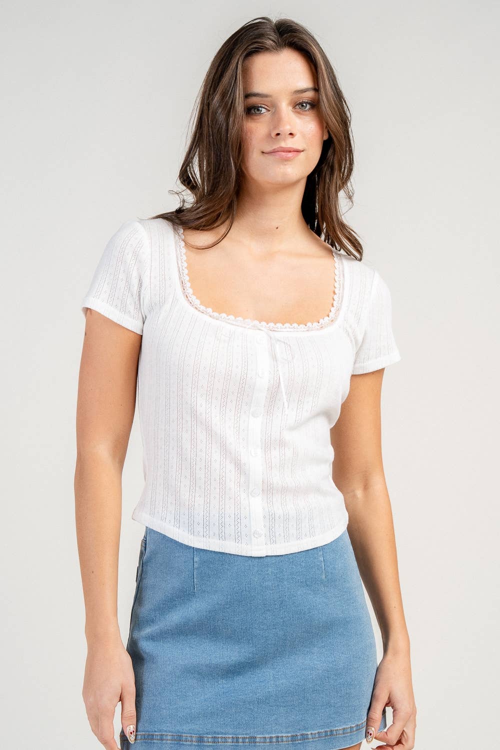 Isla | Pointelle Button Down Cap Sleeve Top