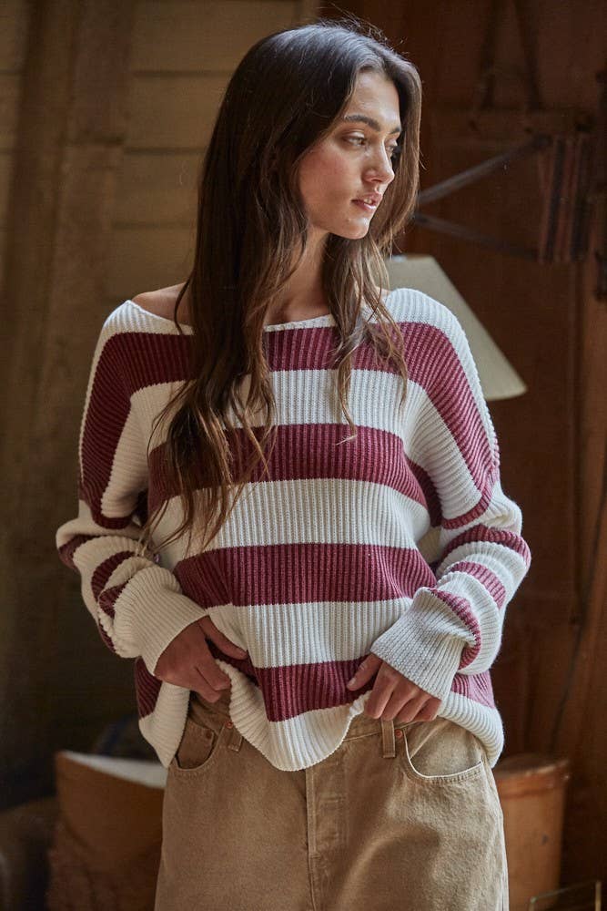 Wine | 100% Knit Cotton Sweater Striped Boat Neck