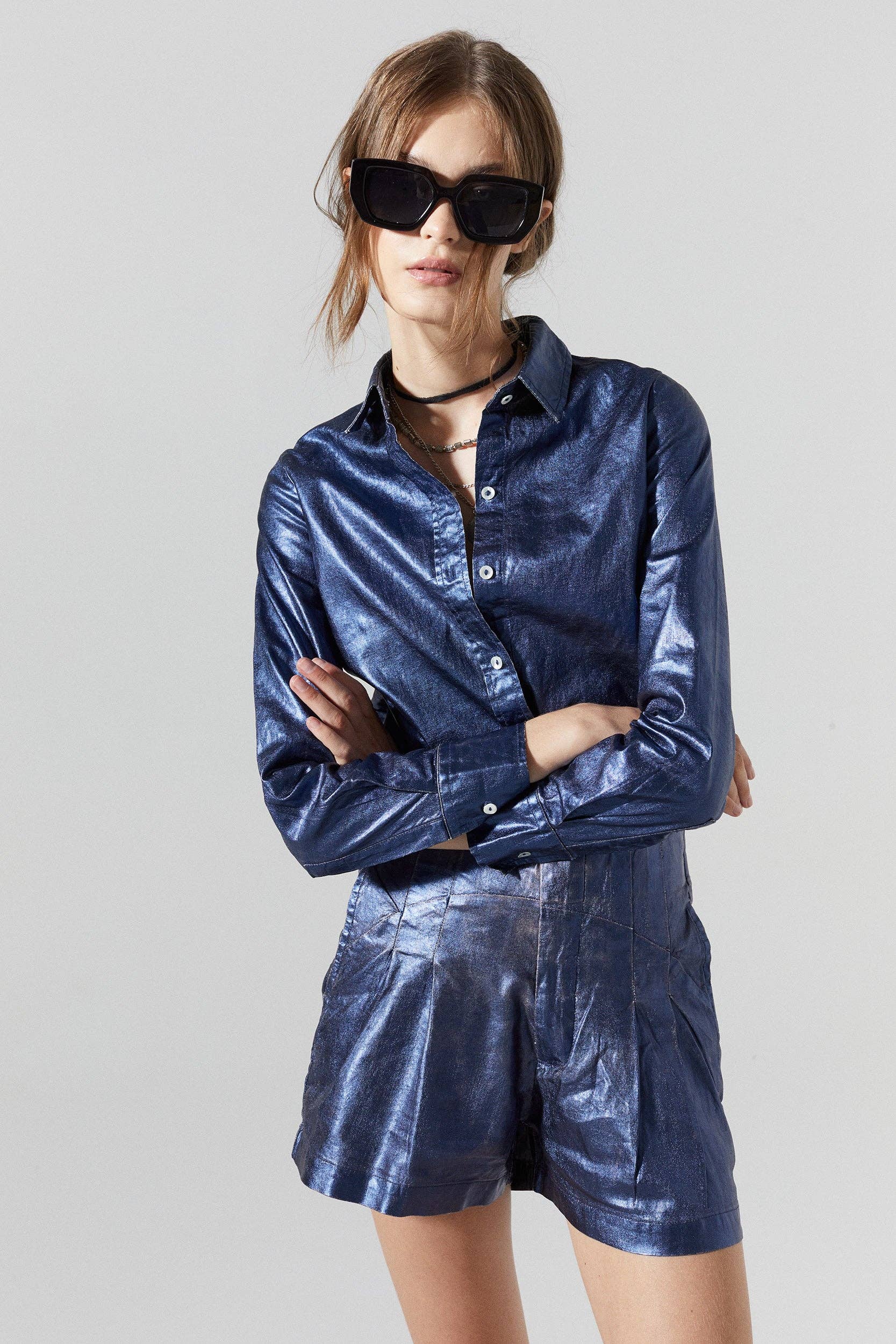 San Marino Metallic Linen Shirt - Dark Blue