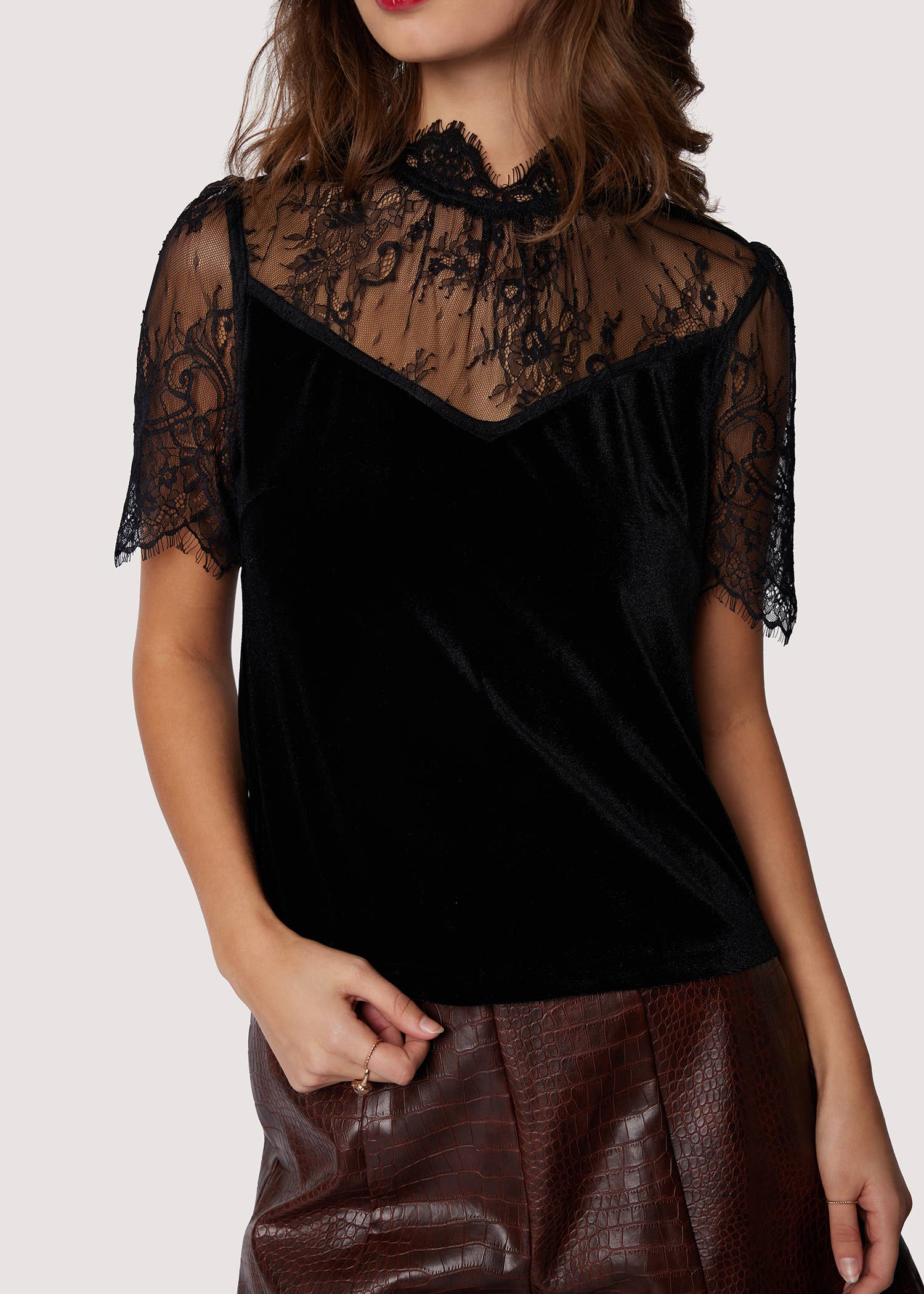 Fiore Top | Black Mock Neck Short Lace Sleeve Blouse