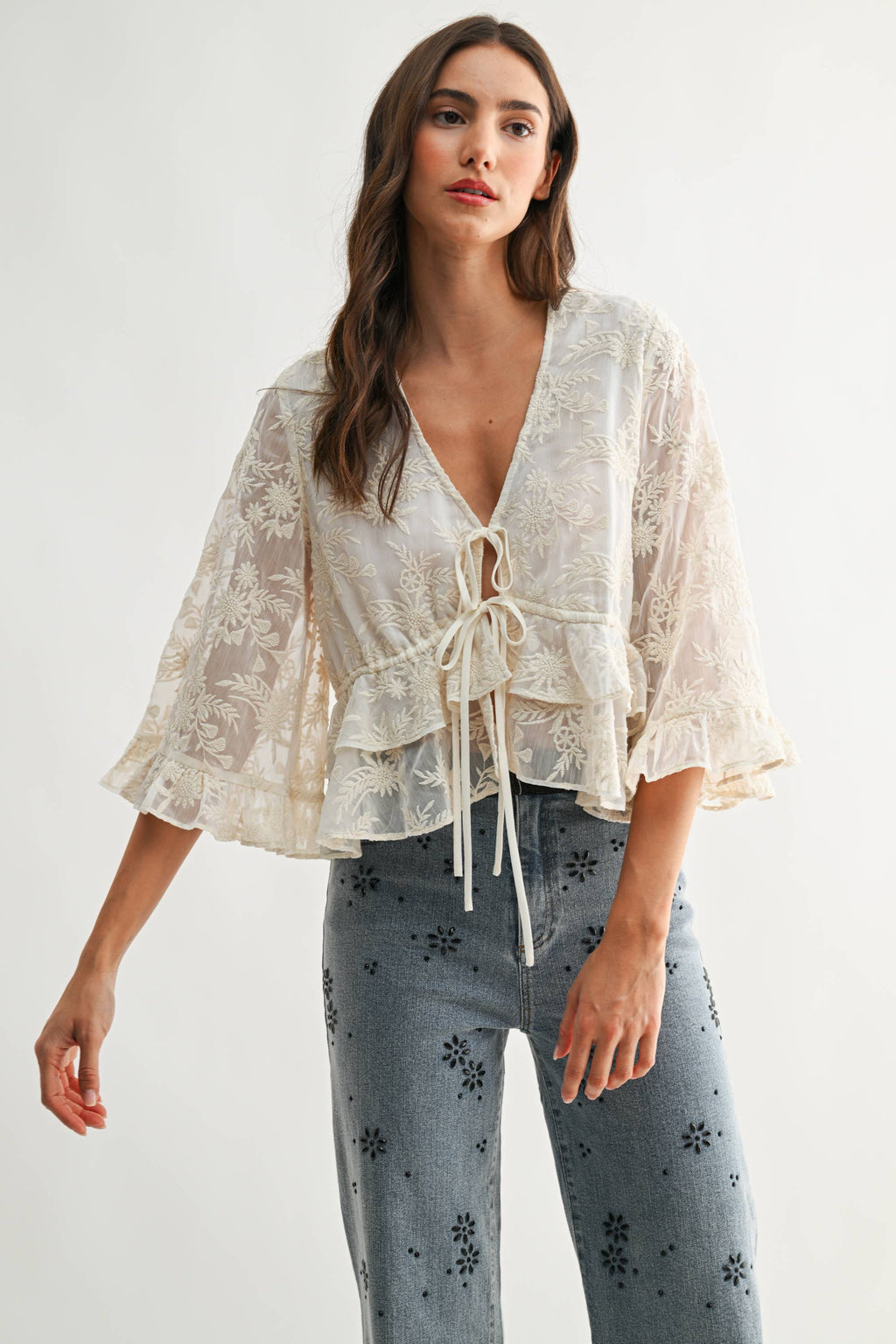 Holland |  Boho Embroidered Sheer Blouse Flowy Bell Sleeves