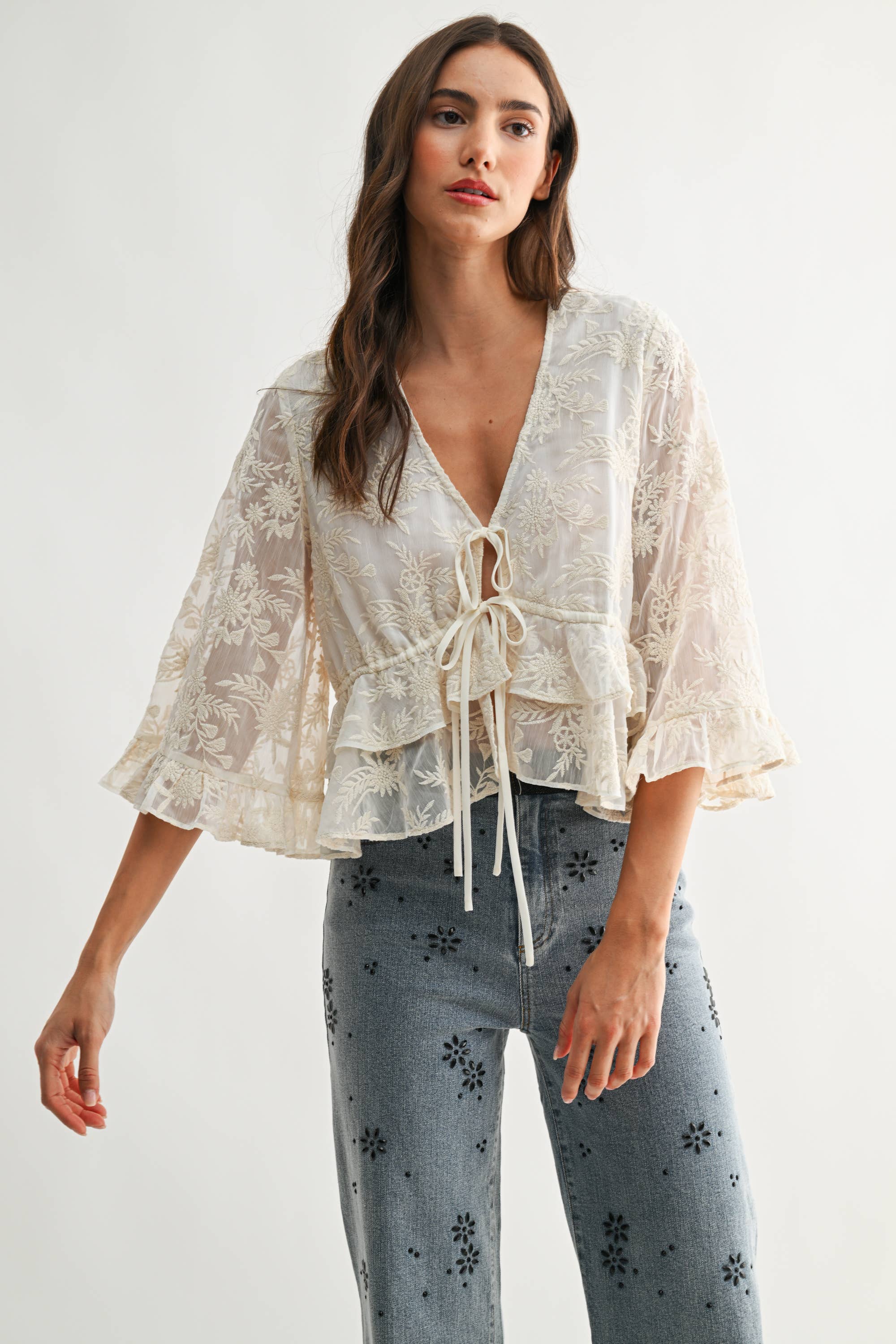 Holland |  Boho Embroidered Sheer Blouse Flowy Bell Sleeves
