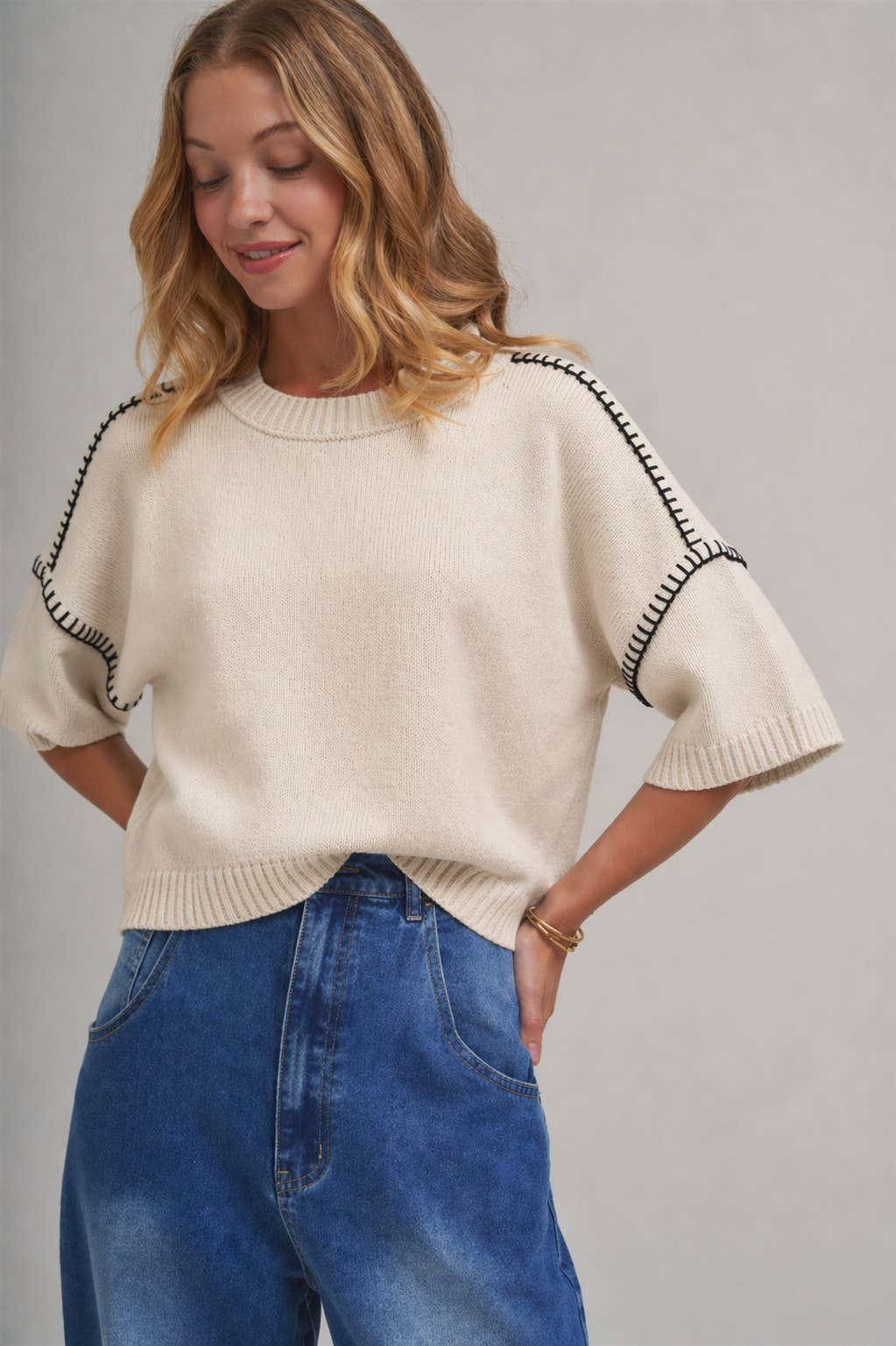Montauk | Relaxed Fit Sweater Top with Color Stitch