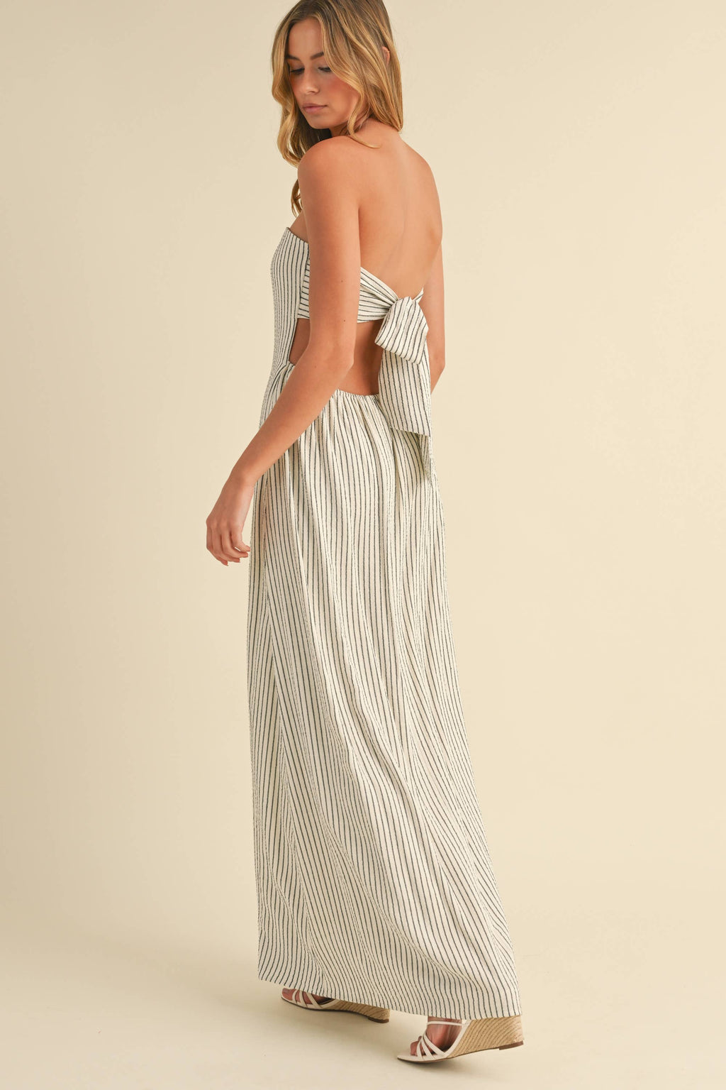 Calallily | Striped Long Back Tie Strapless Maxi