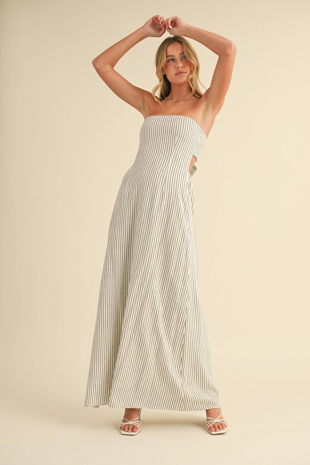Calallily | Striped Long Back Tie Strapless Maxi