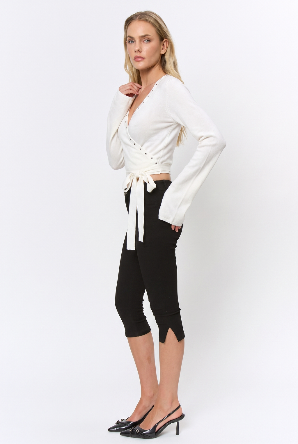 Regina | Studded Wrap Long Leeve Sweater Top