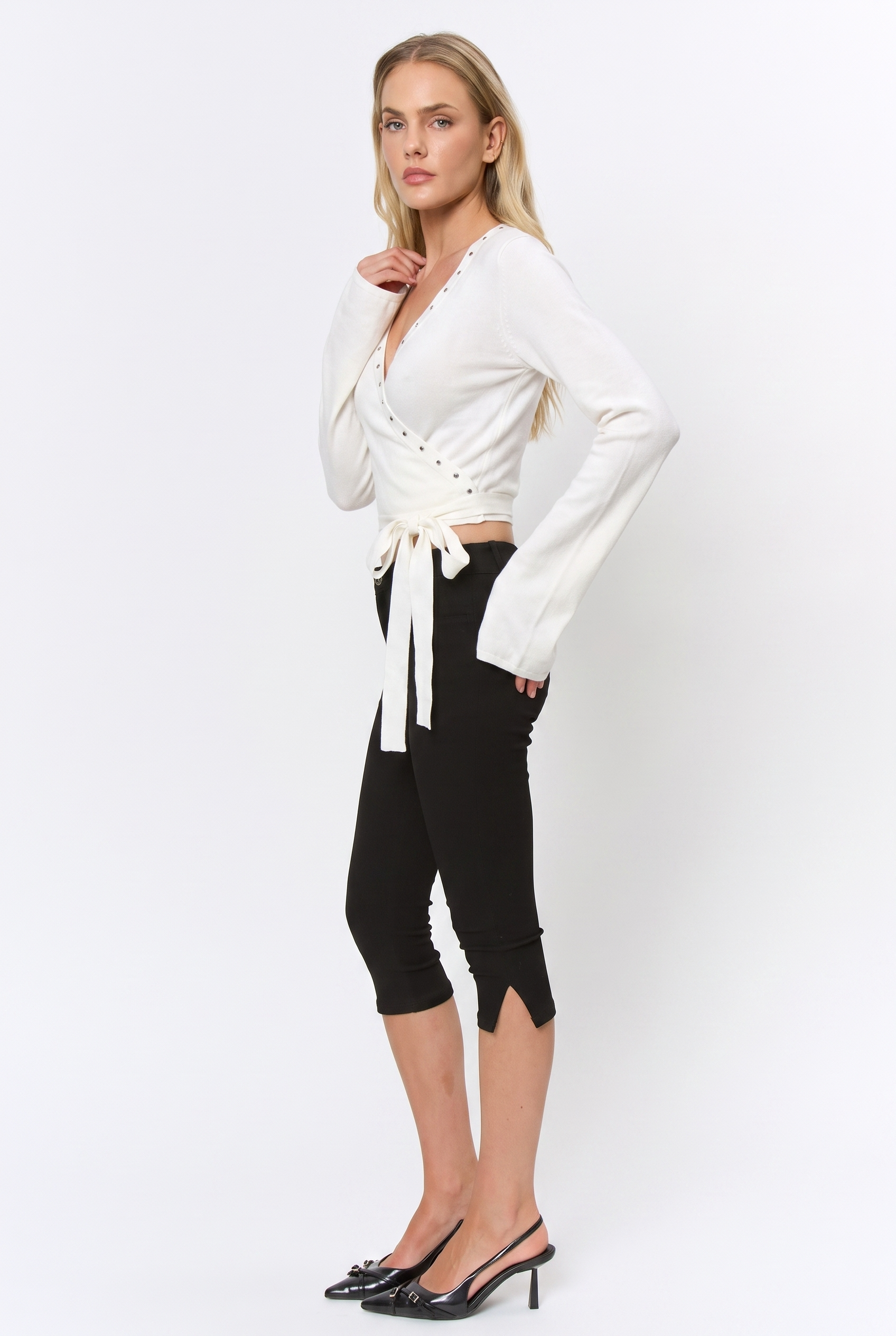 Regina | Studded Wrap Long Leeve Sweater Top