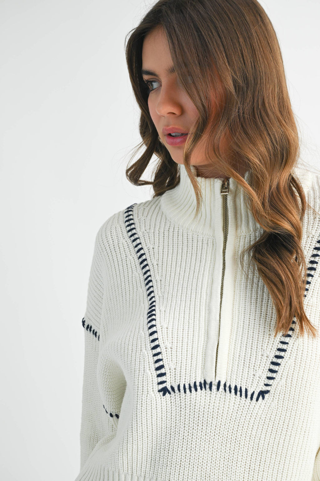 Icy | Contrast Stitch Quarter-Zip Sweater