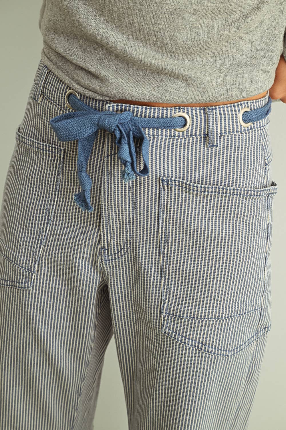 Del Mar | Striped Pattern Washed Barrel Pants with Belt