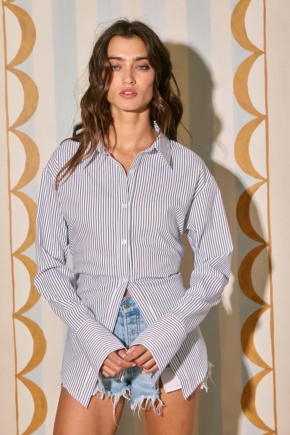 Vesper | Cut-Out & Waist Tie Back Stripe Print Shirt