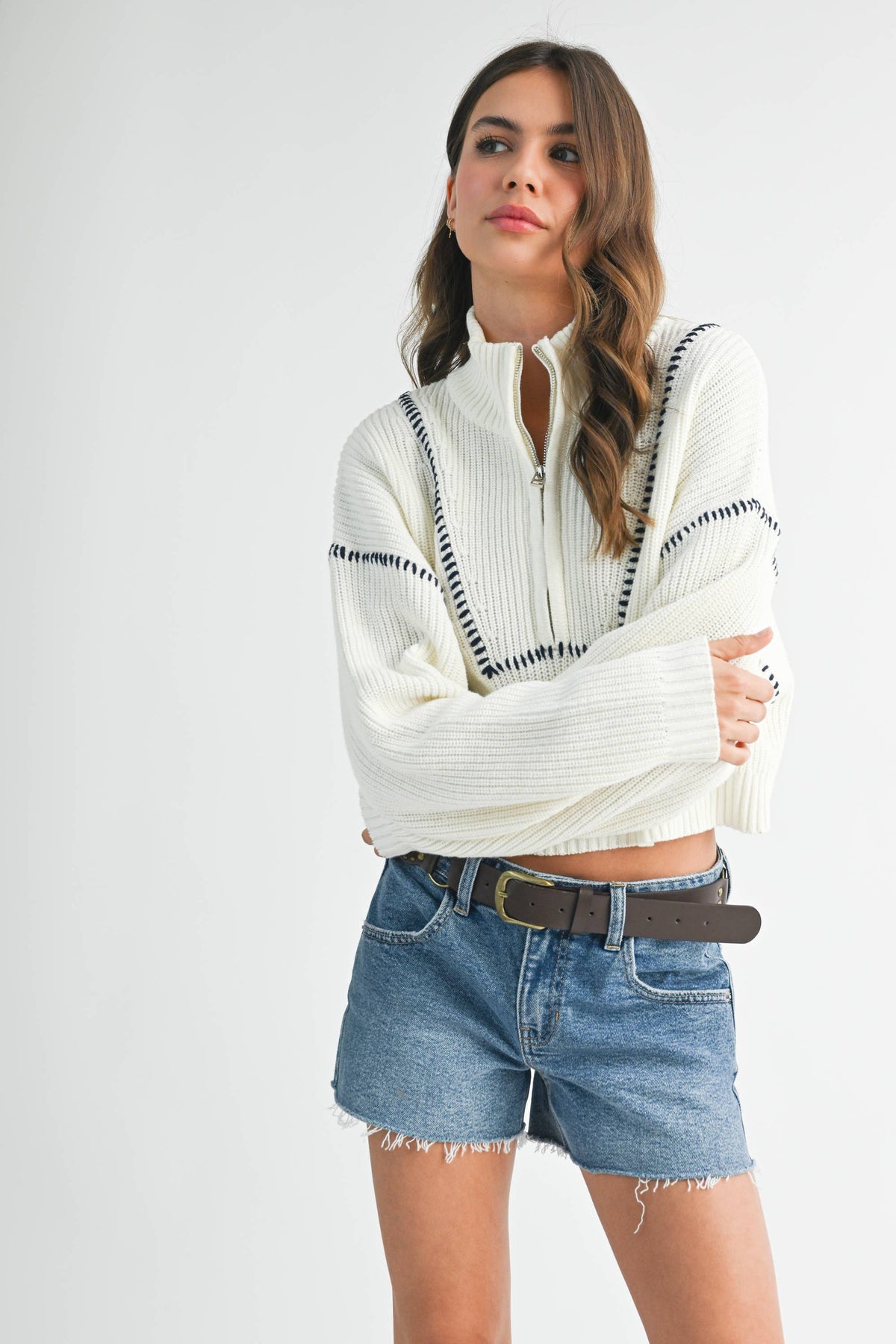 Icy | Contrast Stitch Quarter-Zip Sweater