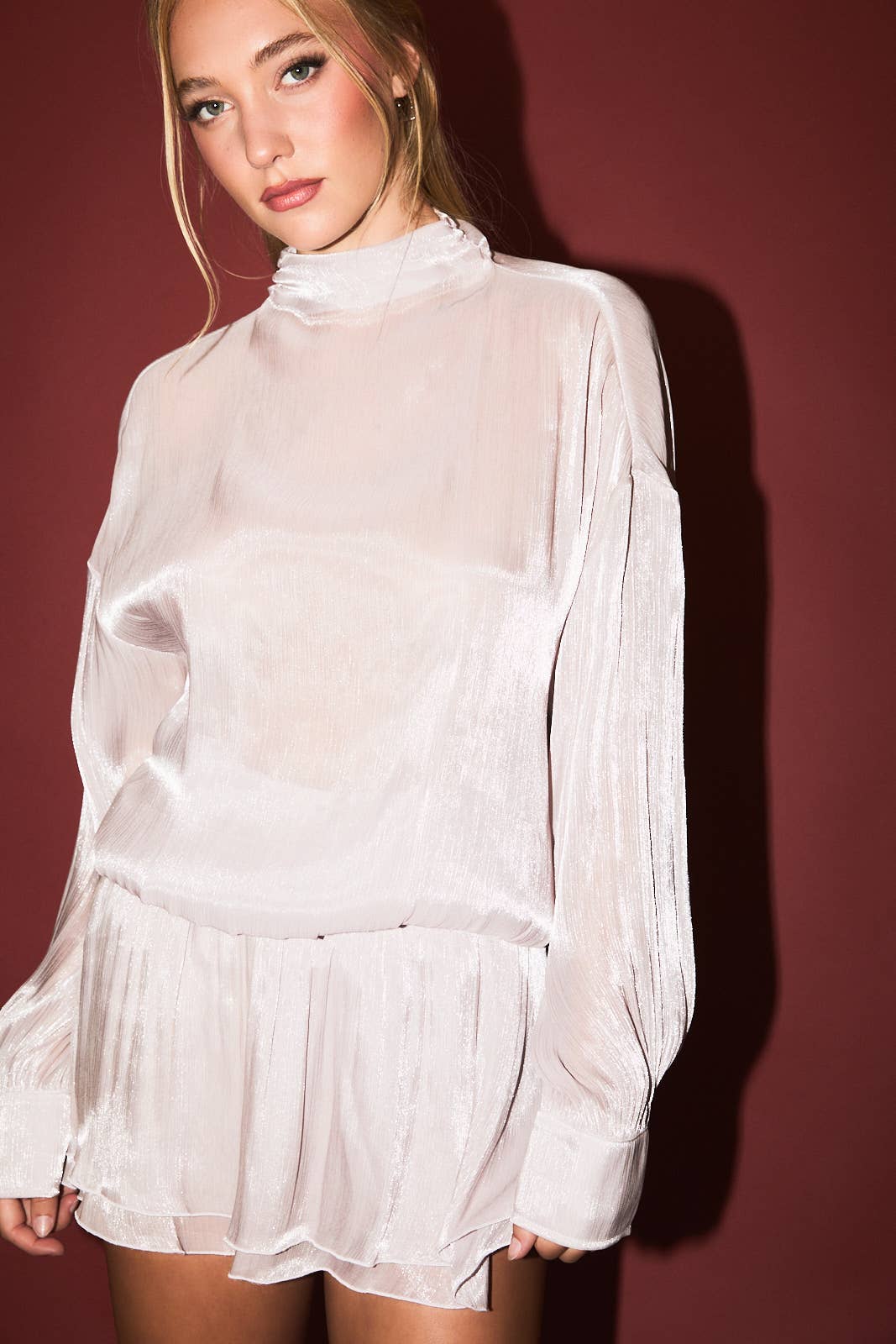 Cleo | Long Sleeve Mock Neck Open Back Blouse