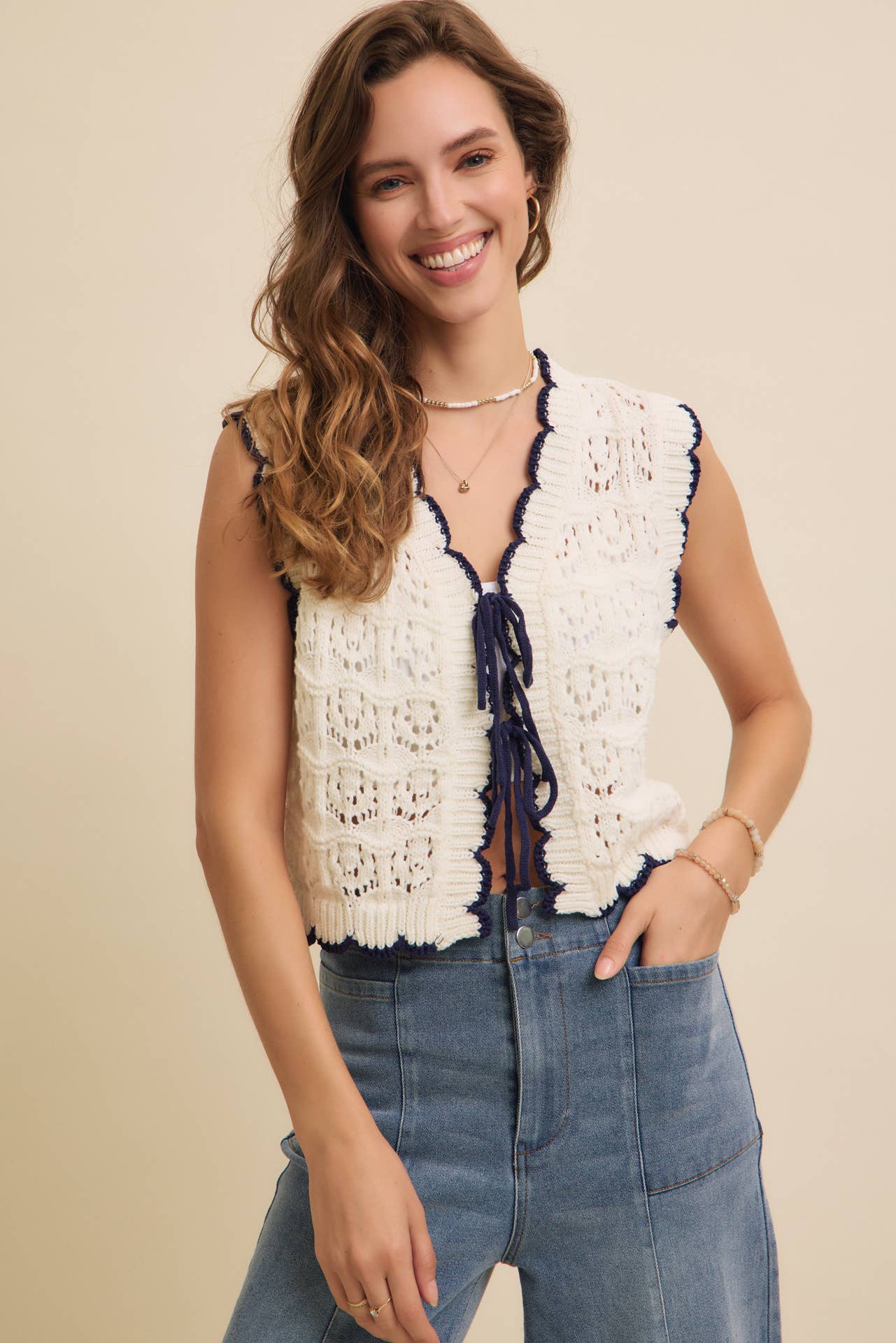 Crochet Sweater Vest With Scallops & Bows