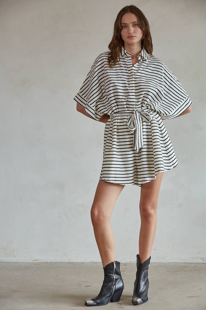 Come Over Romper | Woven Cotton Rayon Striped Waist Tie Flare Romper