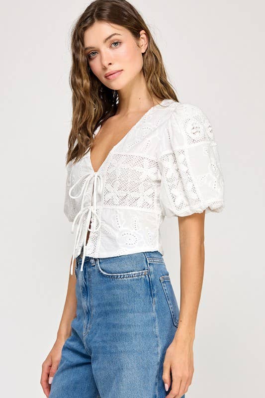 Lovie | 100% Cotton Embroidered Blouse with Tie Front