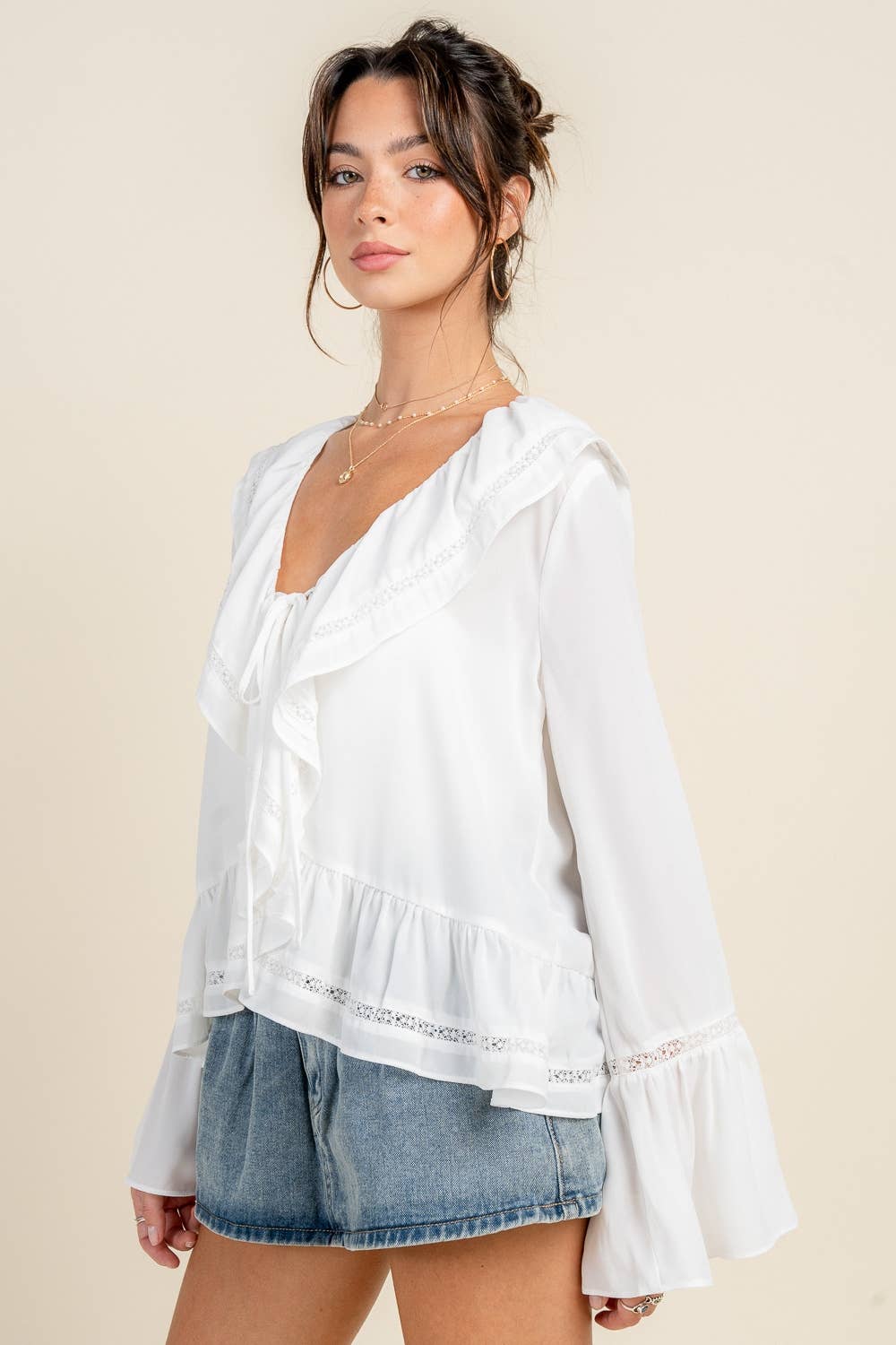 Drift | Trumpet Sleeve Blouse w/ Cascade Ruffle & Lace