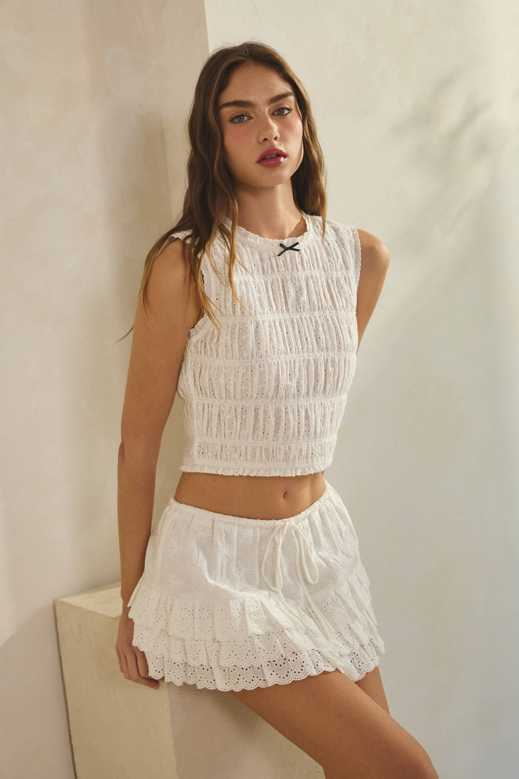 Noah | Back Tie Smocking Top w/ Lace Tiered Mini Skirt Set